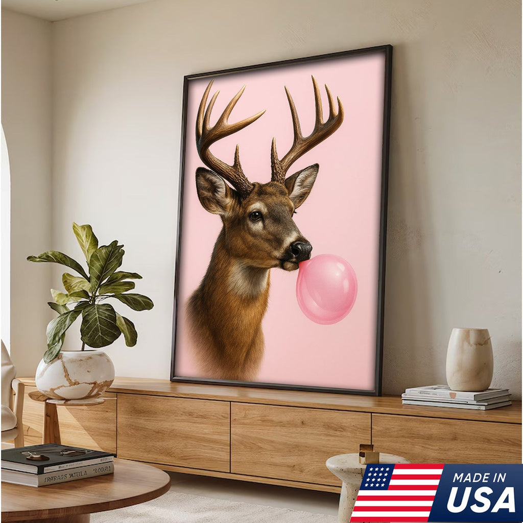Funny Deer Blowing Bubblegum Wall Art – Modern Animal Canvas Print for Living Room