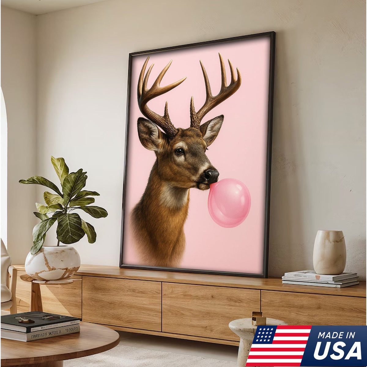 Funny Deer Blowing Bubblegum Wall Art – Modern Animal Canvas Print for Living Room