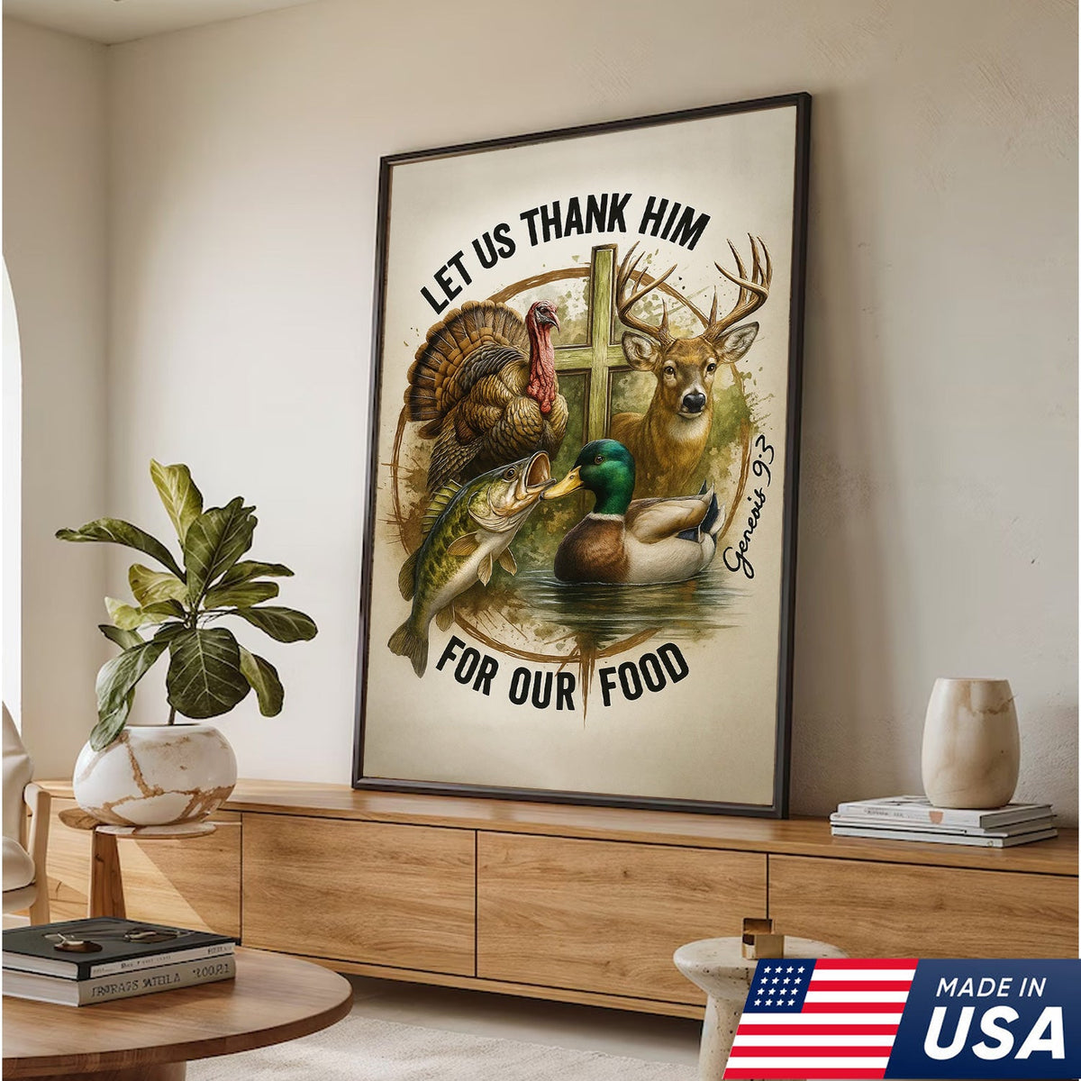 Christian Hunting Canvas Wall Art — “Let Us Thank Him For Our Food” with Deer, Turkey, Duck & Fish