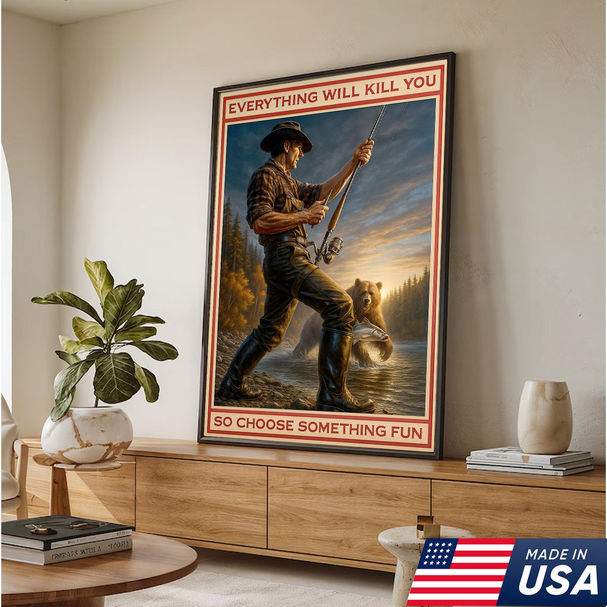 Everything Will Kill You Bear Fishing Canvas Wall Art– Funny Fishing & Bear Wall Art for Man Cave Decor