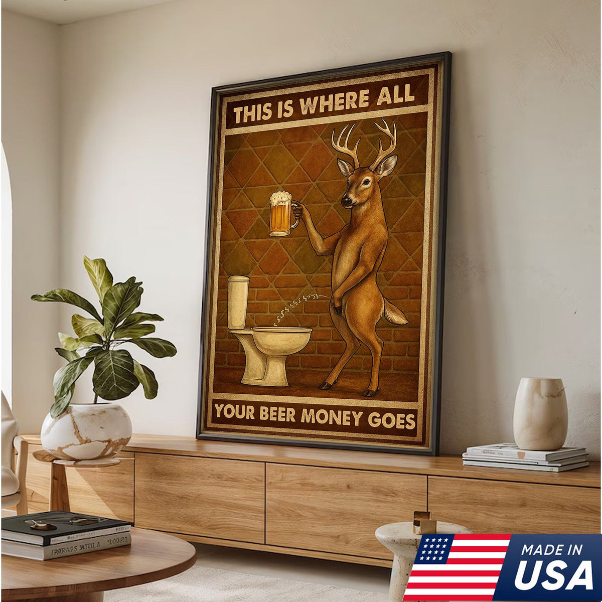 Funny Deer Beer Canvas Wall Art – Rustic Hunting Lodge Bar Decor Gift for Hunters & Beer Lovers