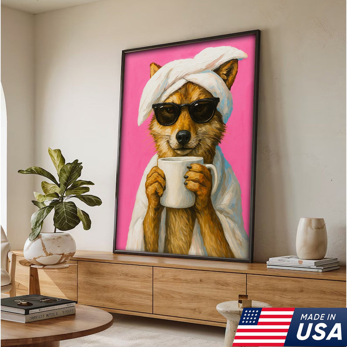 Funny Fox Drinking Coffee Wall Art – Modern Animal Canvas Print for Kitchen