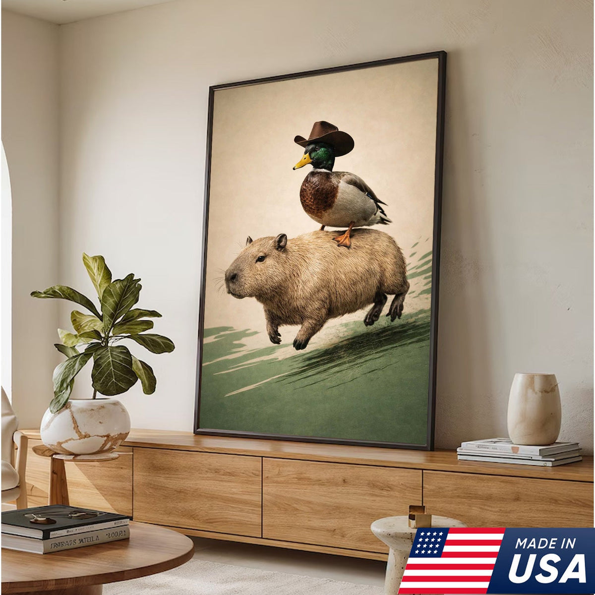 Whimsical Cowboy Duck Riding Capybara Canvas Wall Art, Surreal Animal Adventure Painting