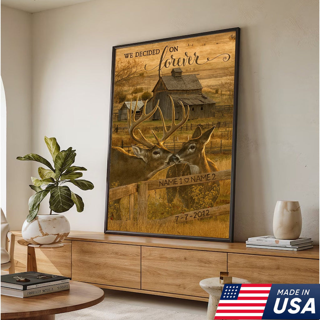 Rustic Deer Couple Canvas Art – Personalized Farmhouse Buck & Doe Kissing Scene
