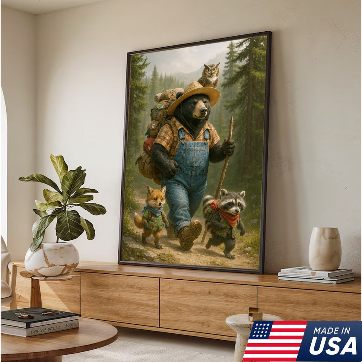 Bear Hiking Adventure Canvas Art – Cute Woodland Animal Wall Decor for Cabin & Home