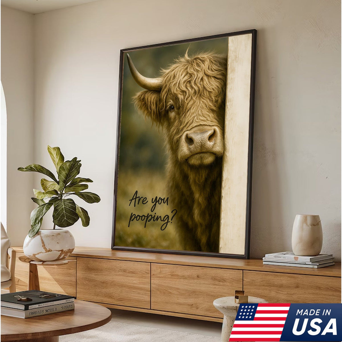 Highland Cow Bathroom Wall Art, Funny “Are You Pooping?” Farmhouse Canvas