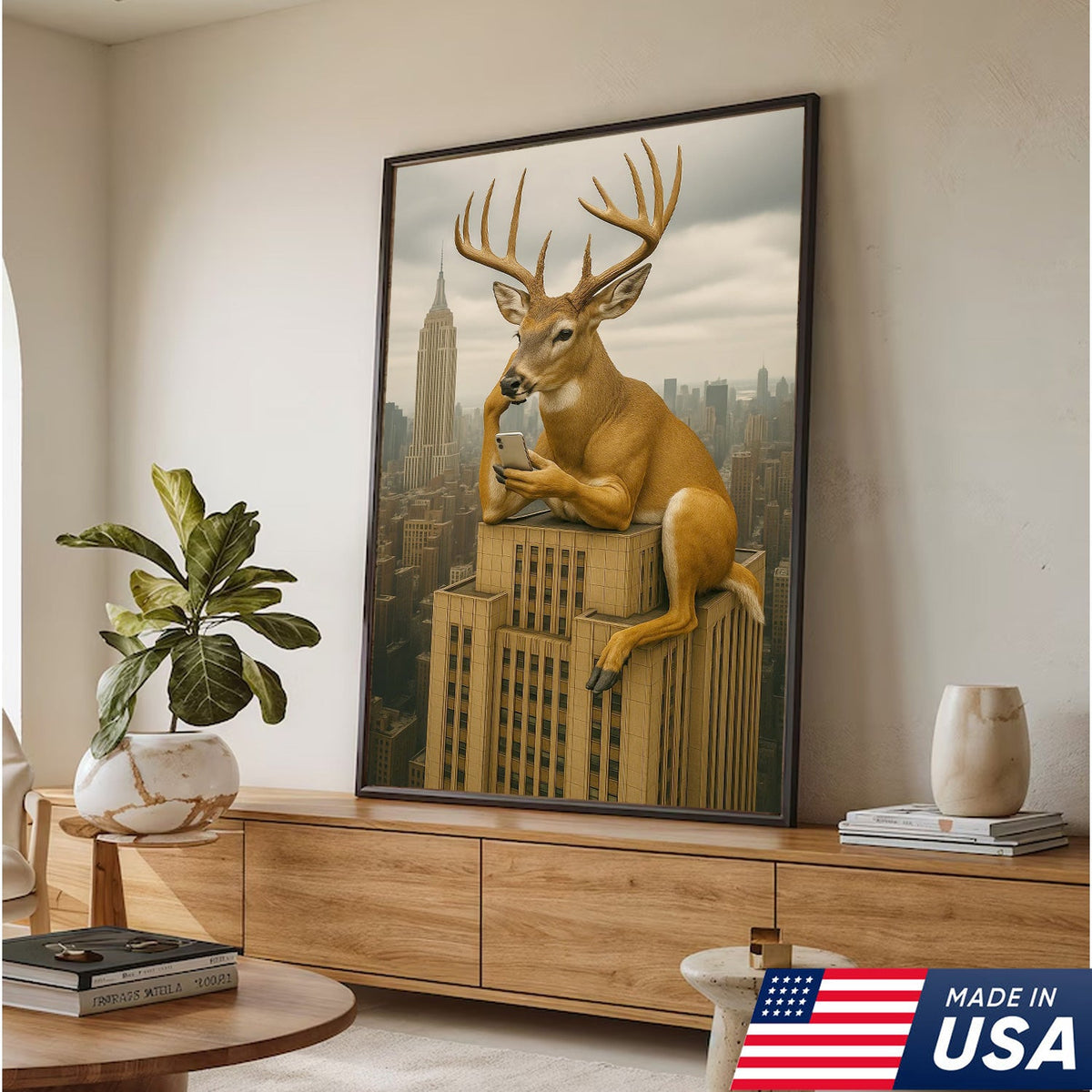 Funny Deer City Canvas Wall Art — Whitetail Buck on Skyscraper Using Phone, Surreal Urban Wildlife Artwork