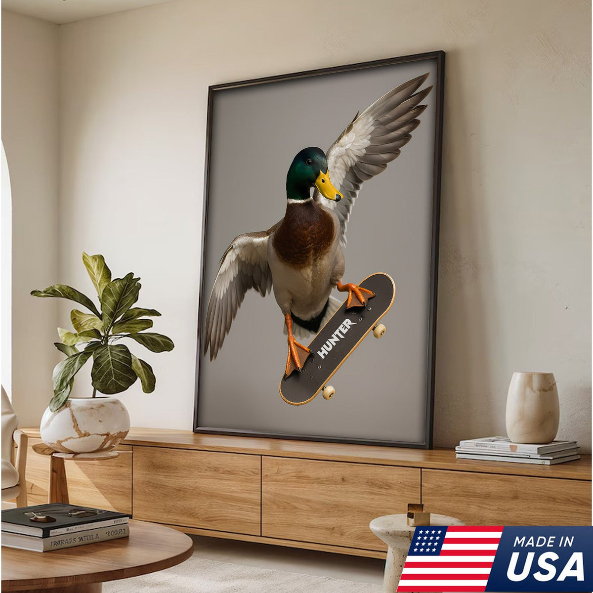 Funny Skater Duck Canvas, Cool Mallard Wall Art, Humorous Bird Lover Decor for Man Cave