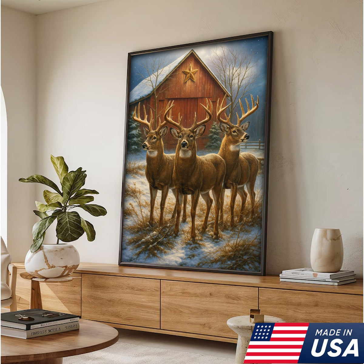 Deer Trio Winter Barn Canvas – Rustic Wildlife Wall Art Gift for Hunters, Nature & Christmas Lovers