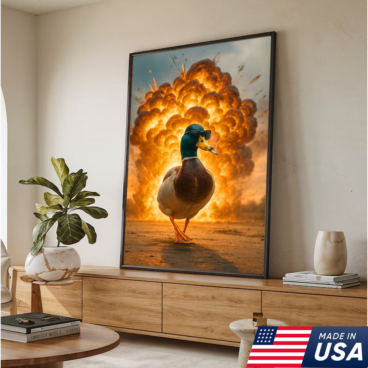 Cool Duck Walking from Explosion Canvas Wall Art, Funny Action Movie Style Decor for Man Cave