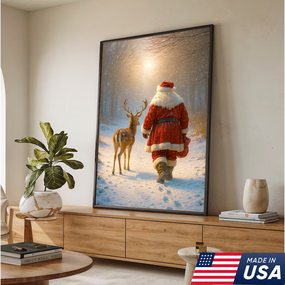 Santa and Deer Christmas Canvas Wall Art – Cozy Winter Forest Decor, Holiday Gifts for Home Lovers