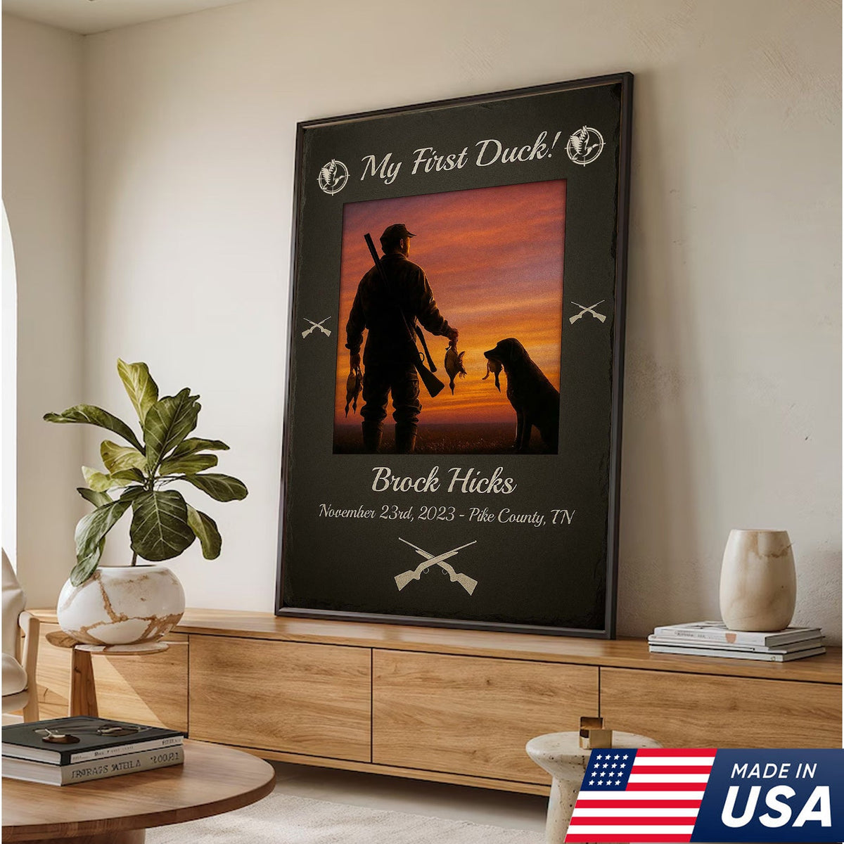 Custom My First Duck Wall Art Canvas, Personalized Duck Hunting Sunset with Dog