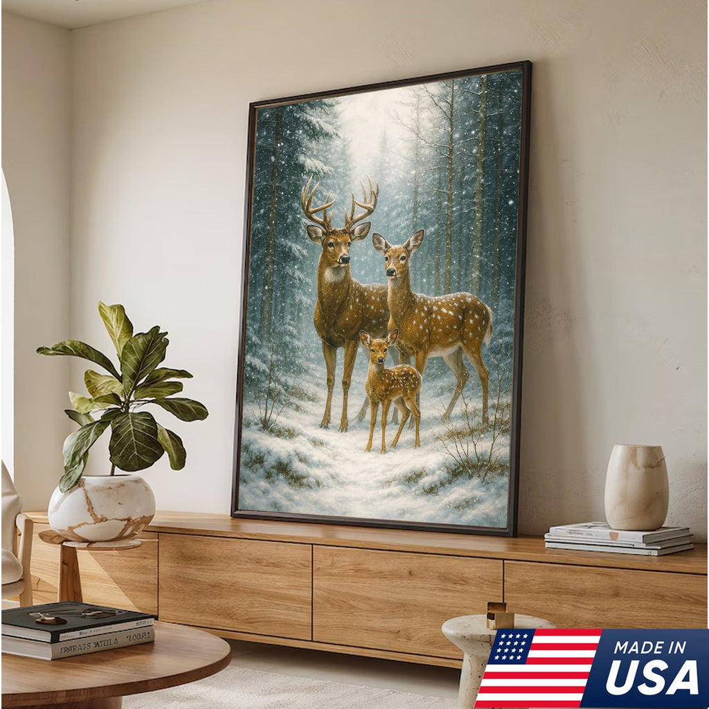 Deer Family Winter Forest Wall Art Canvas – Christmas Wildlife Gift for Nature Lovers & Cabin Homes