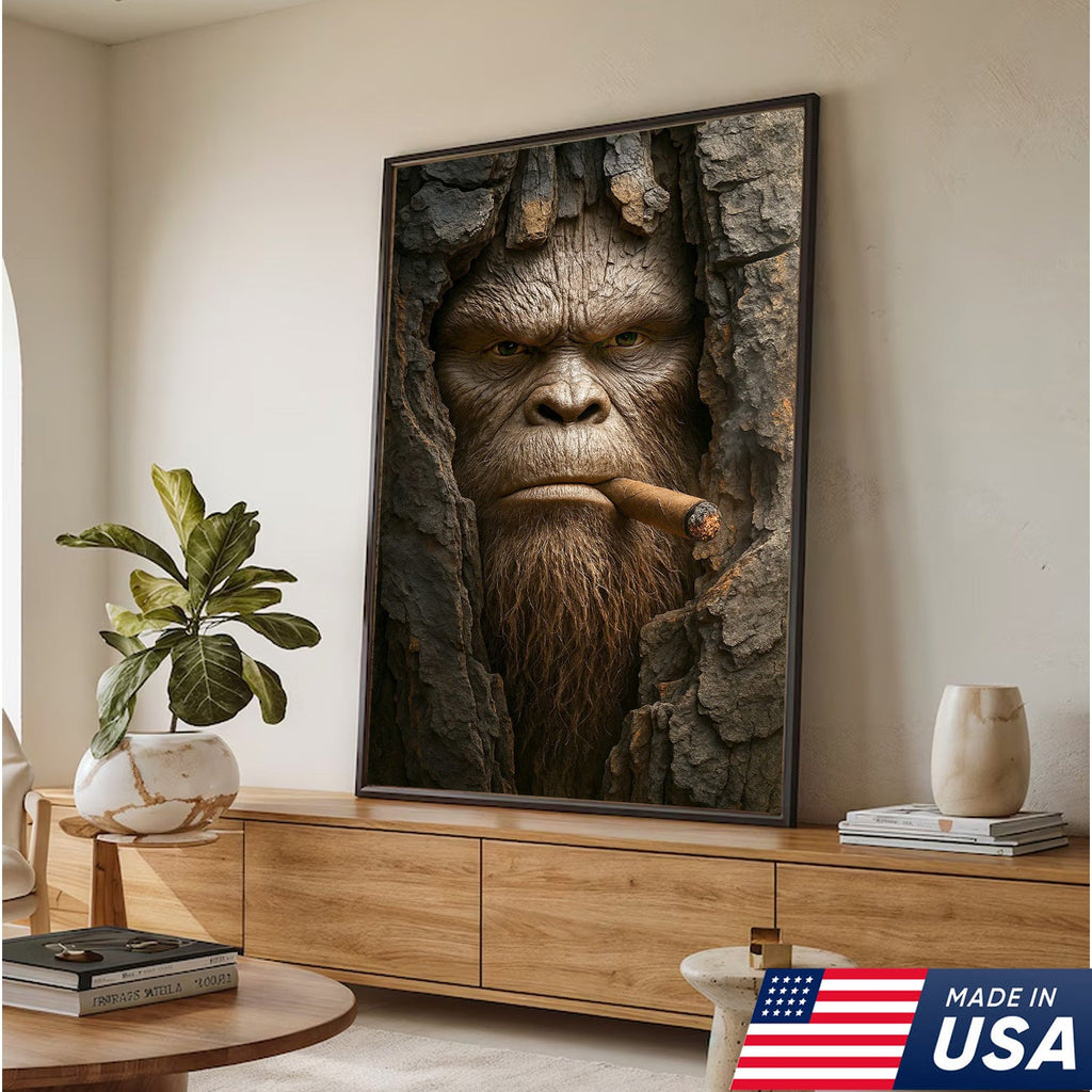 Bigfoot in the Woods Canvas Wall Art, Funny Sasquatch Portrait Artwork, Rustic Cabin Decor for Men