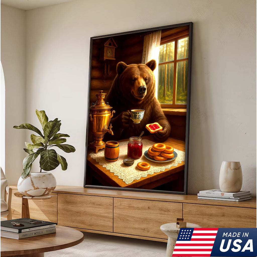 Relaxed Bear Having Tea Canvas Wall Art – Rustic Decor Funny Cozy Animal Canvas Art