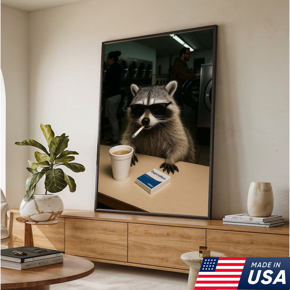 Cool Raccoon Laundromat Canvas Wall Art, Funny Coffee Drinking Raccoon Print