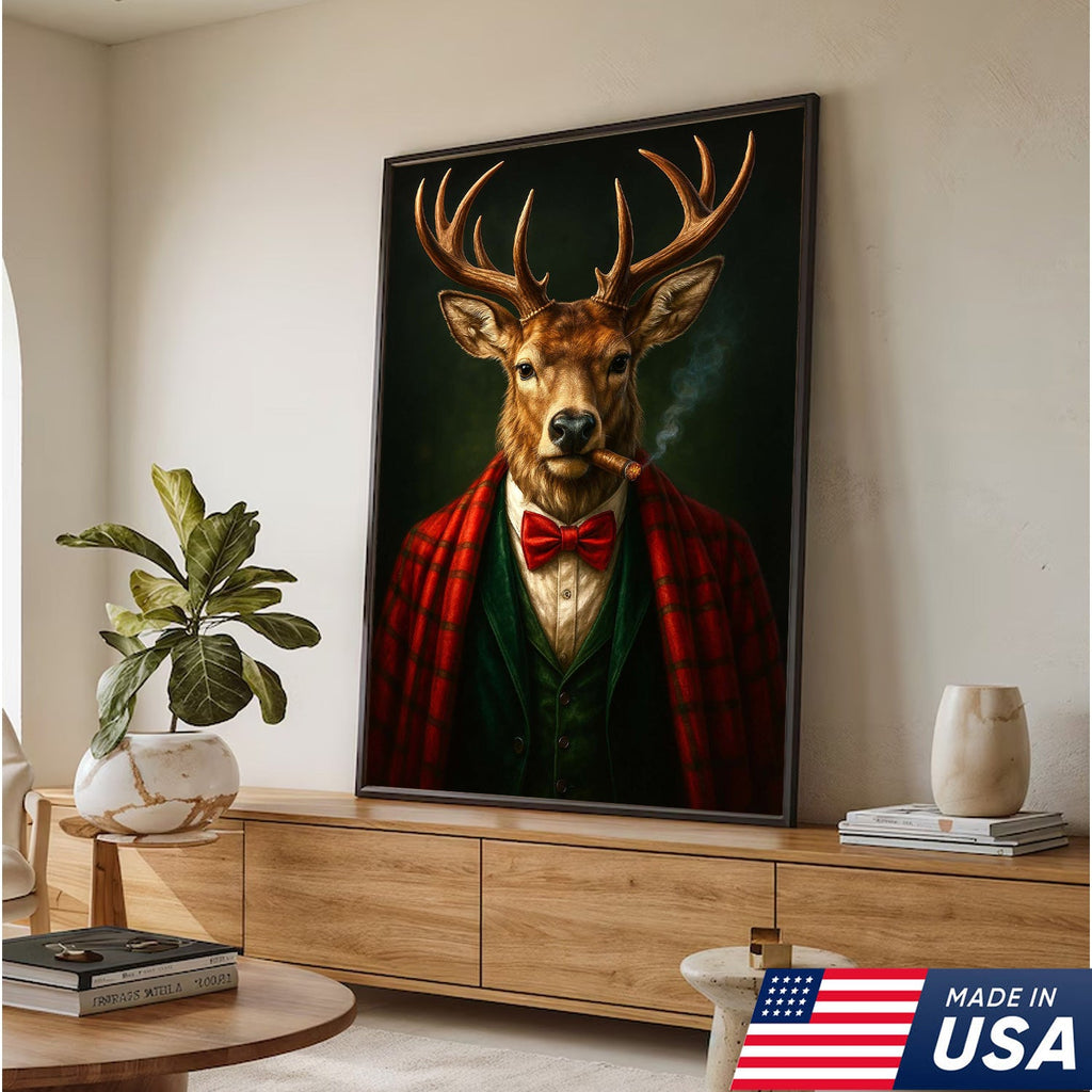 Smoking Deer Wall Art, Gentleman Buck Portrait, Rustic Cabin Decor, Funny Cigar Deer Print