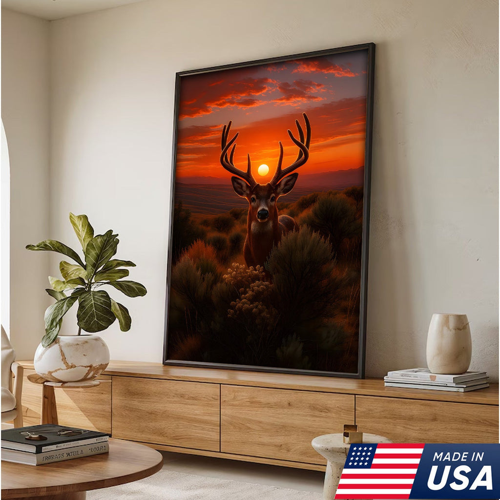 Deer Sunset Canvas Wall Art, Majestic Buck Silhouette in Orange Sky