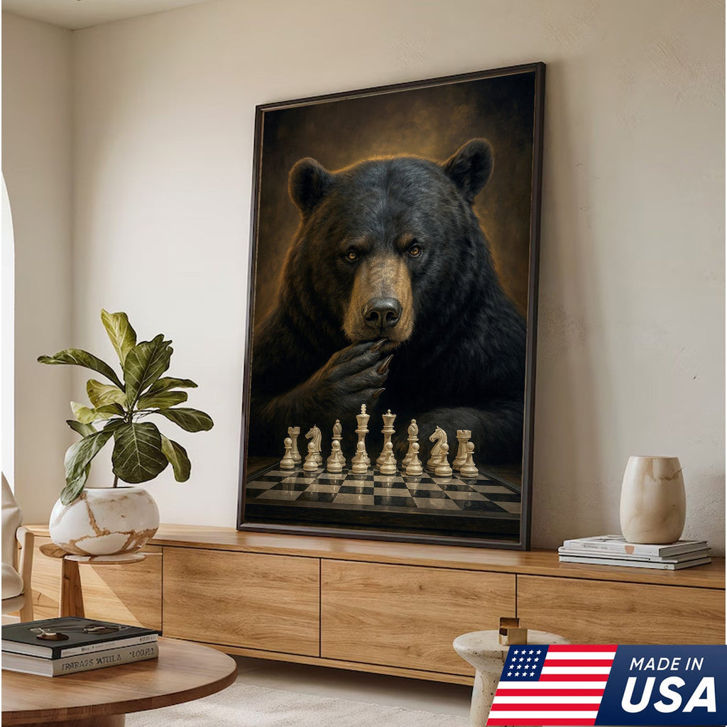 Chess Master Bear Wall Art Canvas – Strategic Bear Canvas Print for Man Cave & Smart Decor