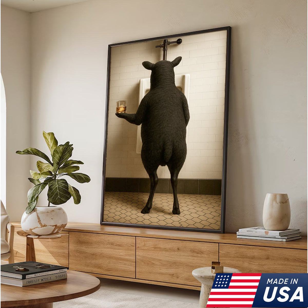 Funny Black Sheep Bathroom Wall Art, Drinking Sheep Humor Canvas Print