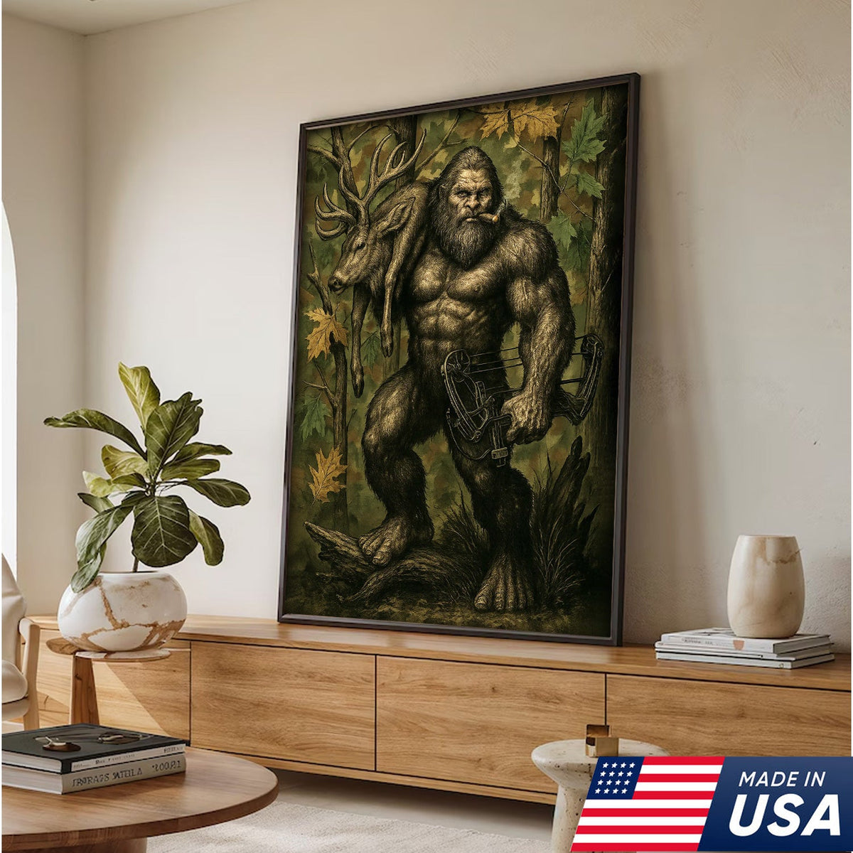Bigfoot Hunter Canvas Wall Art, Mythical Sasquatch Bowhunting Deer Artwork