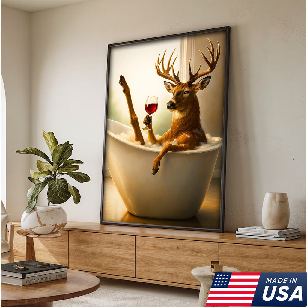 Relaxing Deer in Bathtub Funny Wall Art – Unique Gift for Hunters, Rustic Cabin Decor Canvas