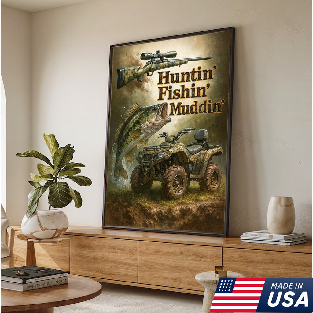 Huntin’ Fishin’ Muddin’ Canvas Wall Art, Deer Hunting and Fishing Decor for Men, Rustic ATV Cabin Artwork