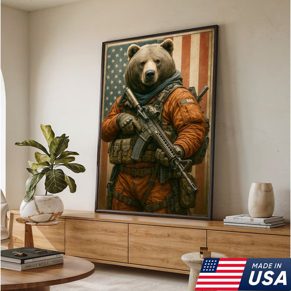 Patriotic Bear Soldier Wall Art Canvas, Tactical Military Animal with American Flag