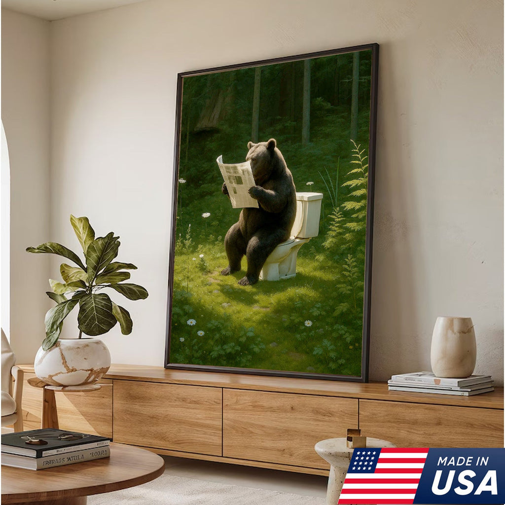 Bear on Toilet Reading Newspaper Canvas Wall Art, Funny Bathroom Decor for Cabin & Lodge