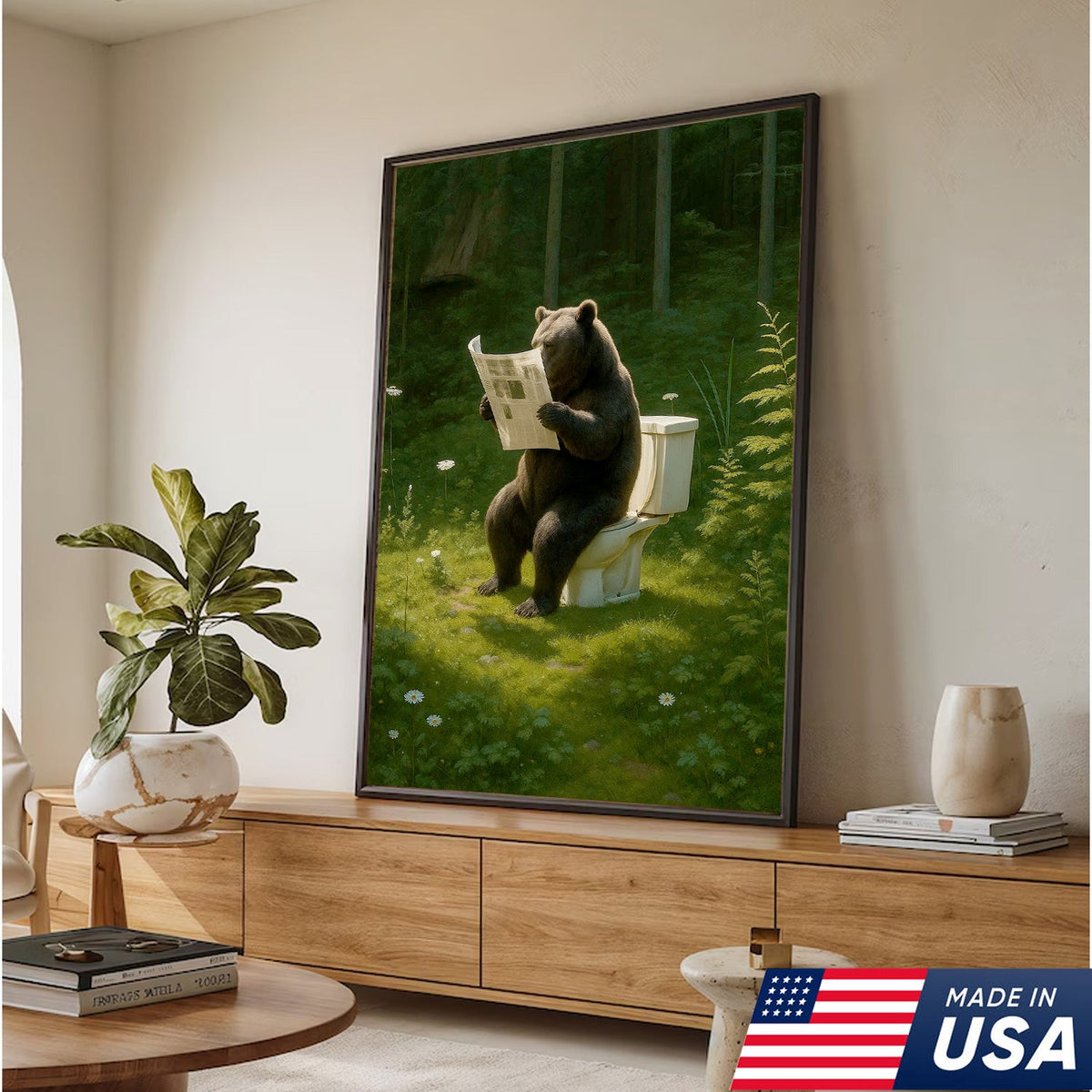 Bear on Toilet Reading Newspaper Canvas Wall Art, Funny Bathroom Decor for Cabin & Lodge