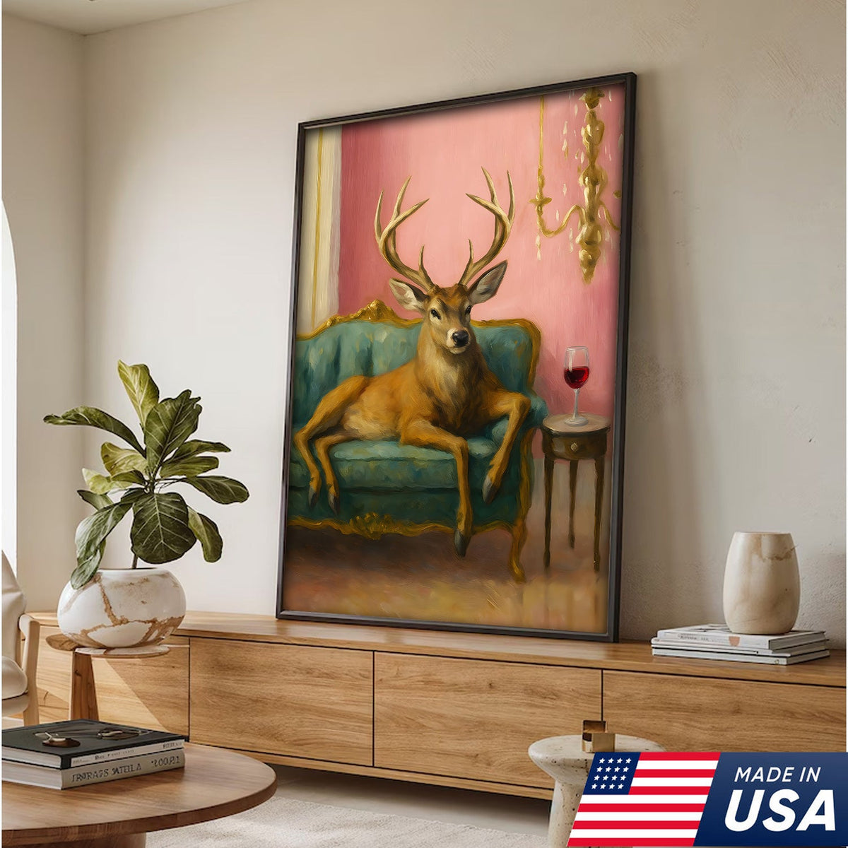 Funny Deer Chill On The Sofa Canvas Wall Art – Elegant Deer Drinking Wine Canvas
