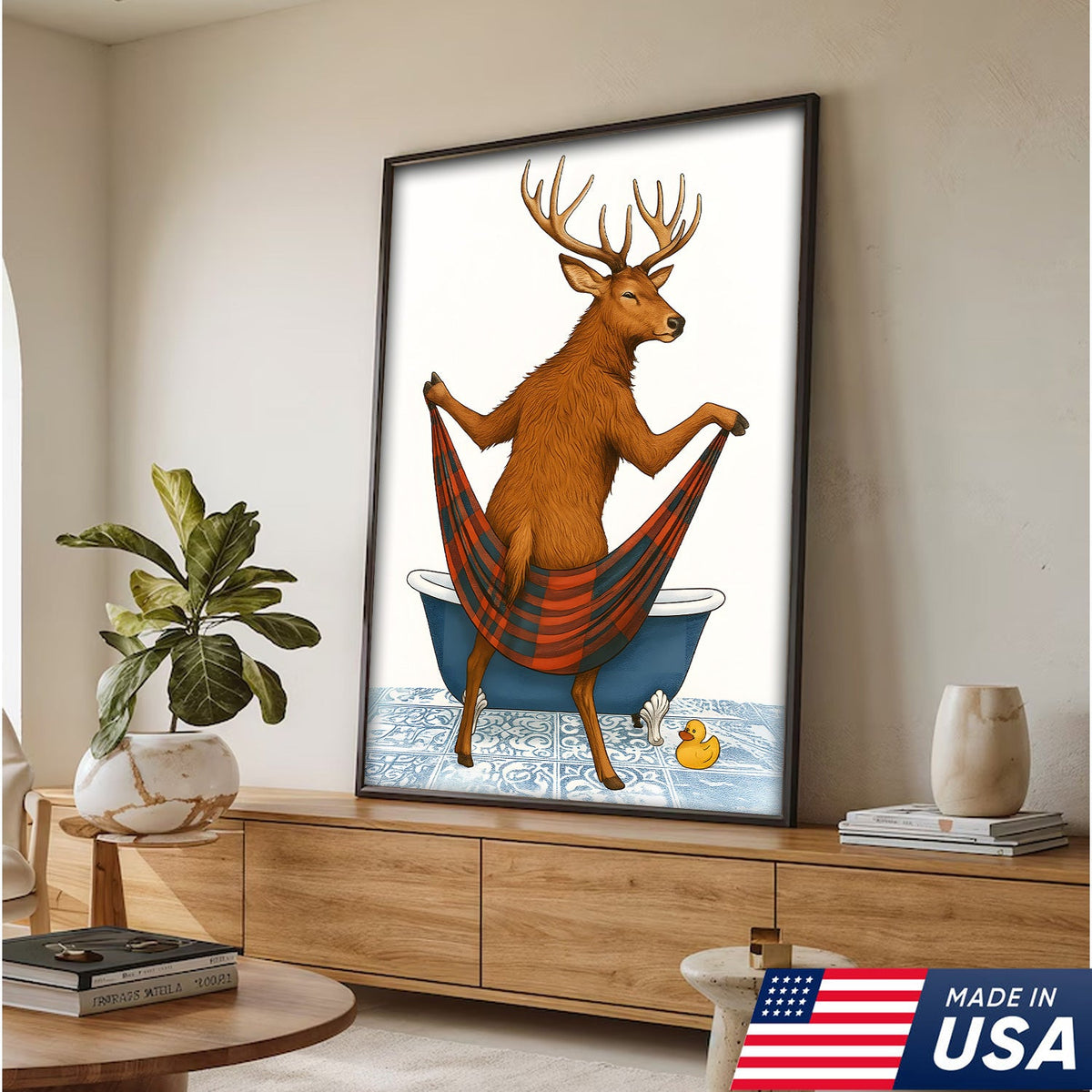 Funny Deer Bathroom Canvas Art – Unique Gift for Hunters, Rustic Cabin & Wildlife Lovers