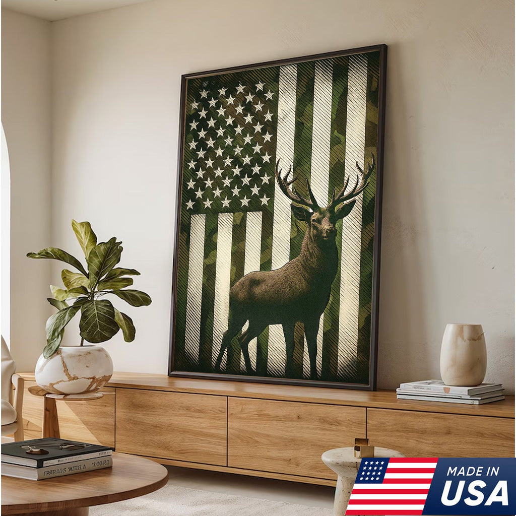 Patriotic Deer American Flag Canvas Wall Art, Camo USA Flag Buck Print