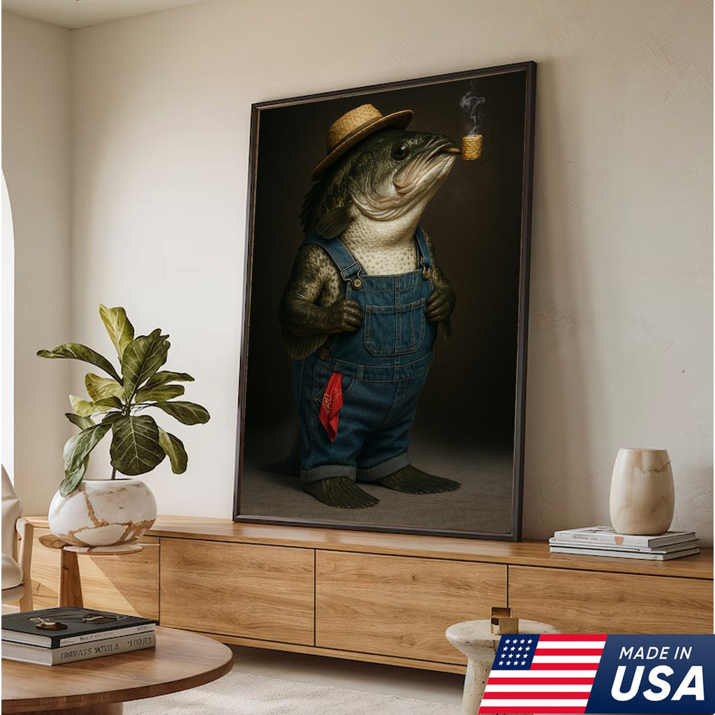 Funny Fisherman Bass Canvas, Rustic Fishing Wall Art, Humorous Country Fish Lover Decor