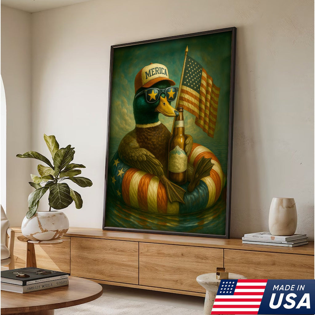 Funny Patriotic Duck Canvas Wall Art – Rustic American Flag Decor Gift for Hunters & Beer Lovers