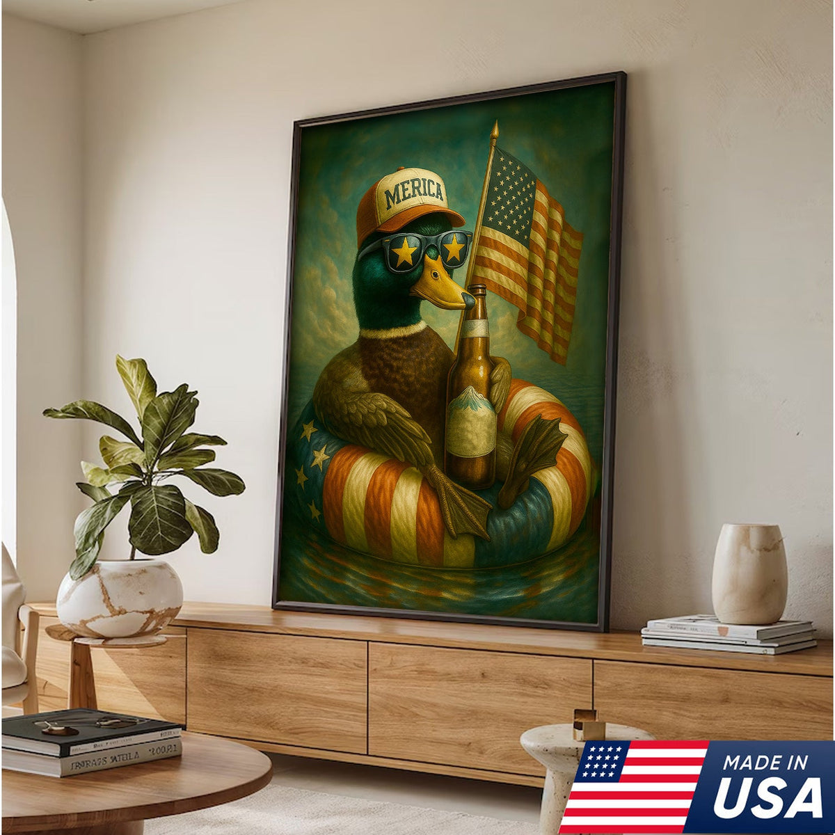 Funny Patriotic Duck Canvas Wall Art – Rustic American Flag Decor Gift for Hunters & Beer Lovers