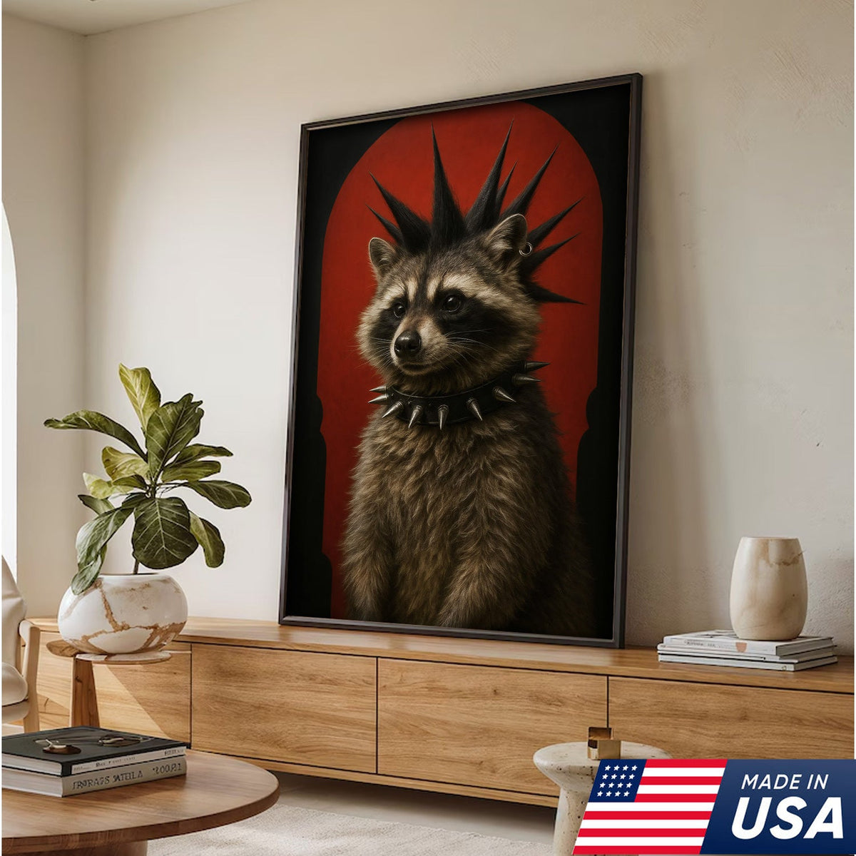 Punk Raccoon Canvas Wall Art, Spiked Mohawk Animal Portrait, Gothic Aesthetic Room Decor