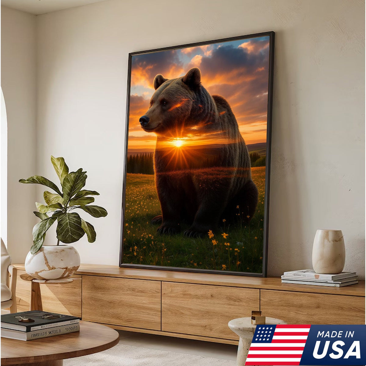 Sunset Bear Canvas Wall Art, Majestic Brown Bear Nature Landscape Print