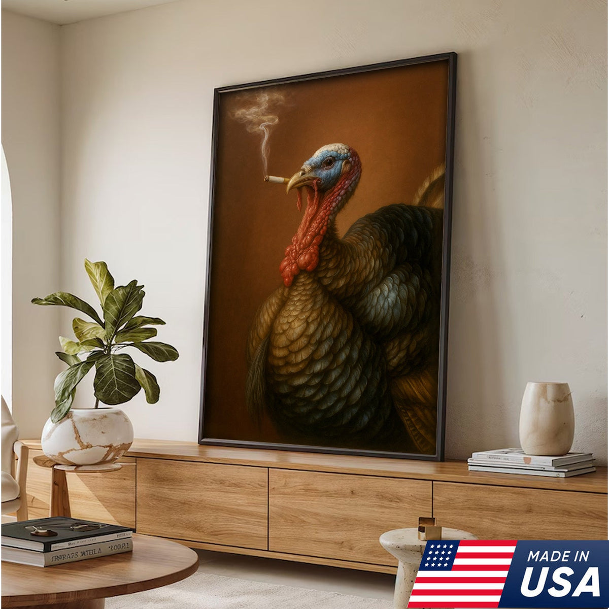 Funny Turkey Smoking Canvas Wall Art – Rustic Farmhouse Gift for Hunters & Wildlife Lovers