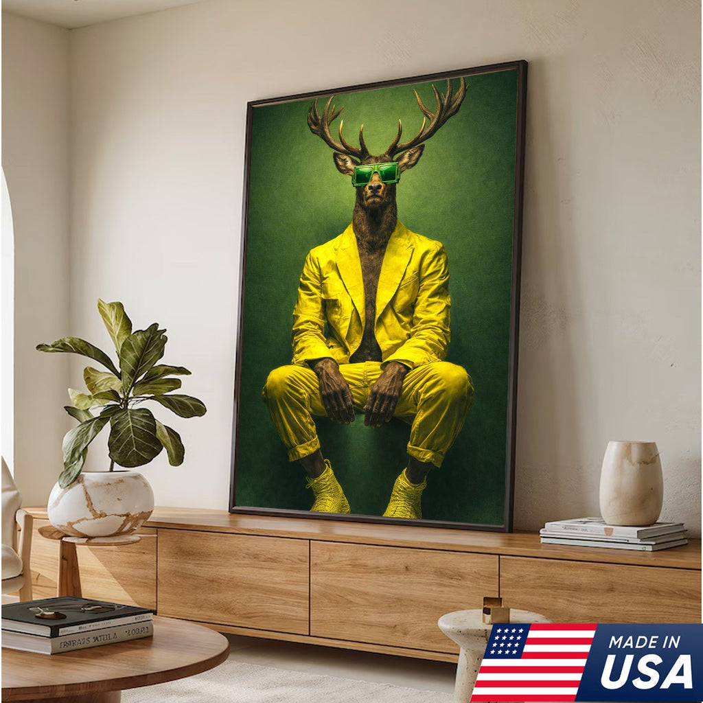 Cool Deer Canvas Wall Art Stylish Animal Portrait Green Suit Modern Decor