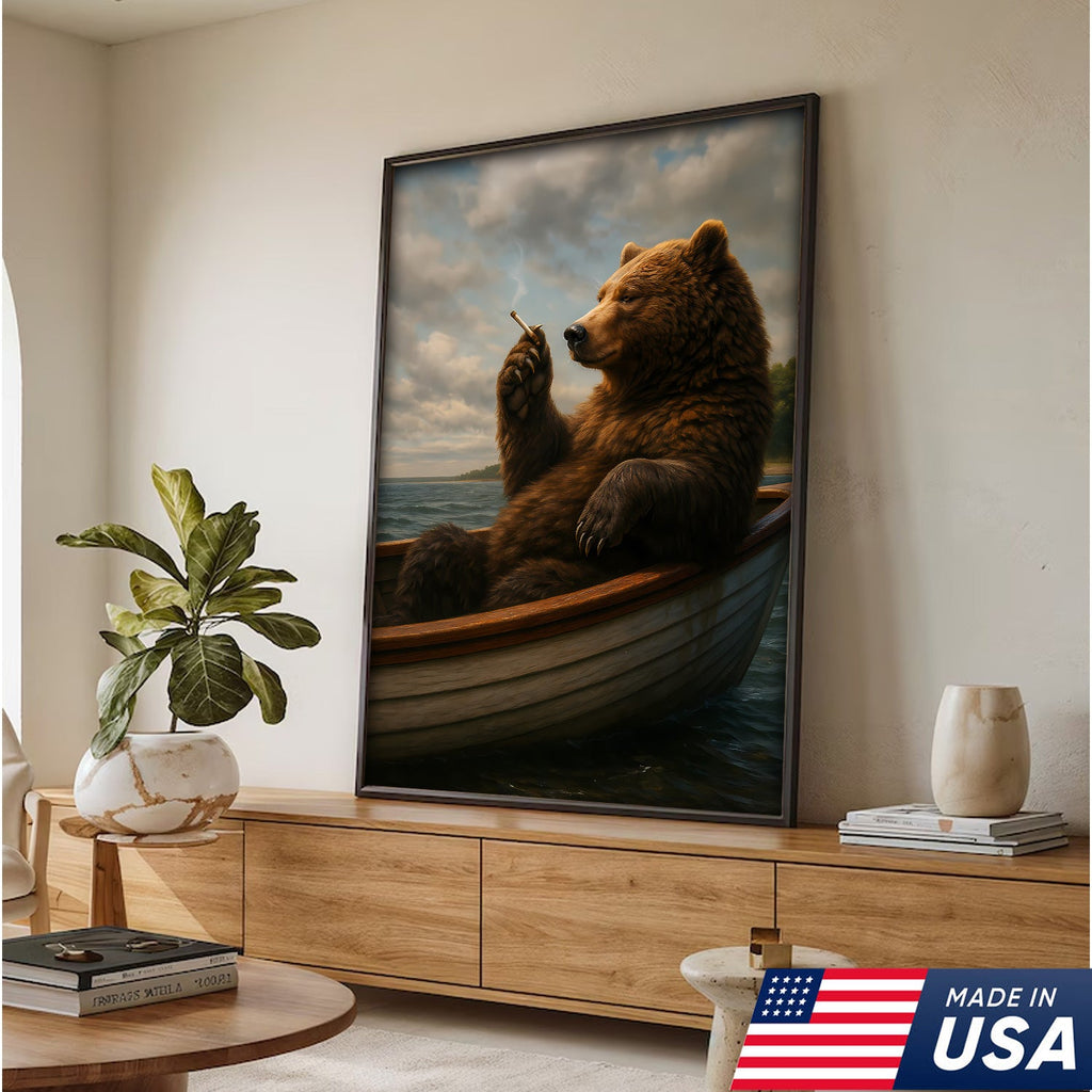 The Chill Bear on the Boat Wall Art Canvas – Funny Relaxed Wall Art for Men