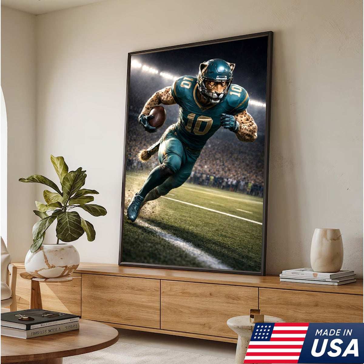 Fierce Cheetah Football Canvas Wall Art – Speed Hunter Athlete Stadium Action Print
