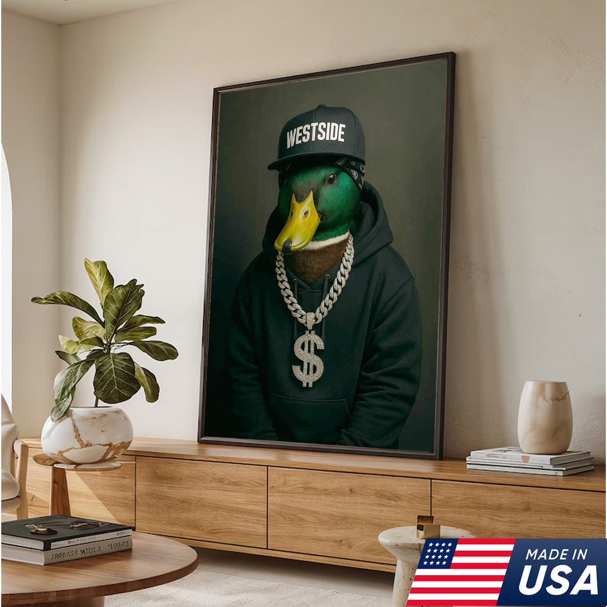 Gangster Duck Canvas Wall Art – Funny Animal Portrait, Hip Hop Duck Decor