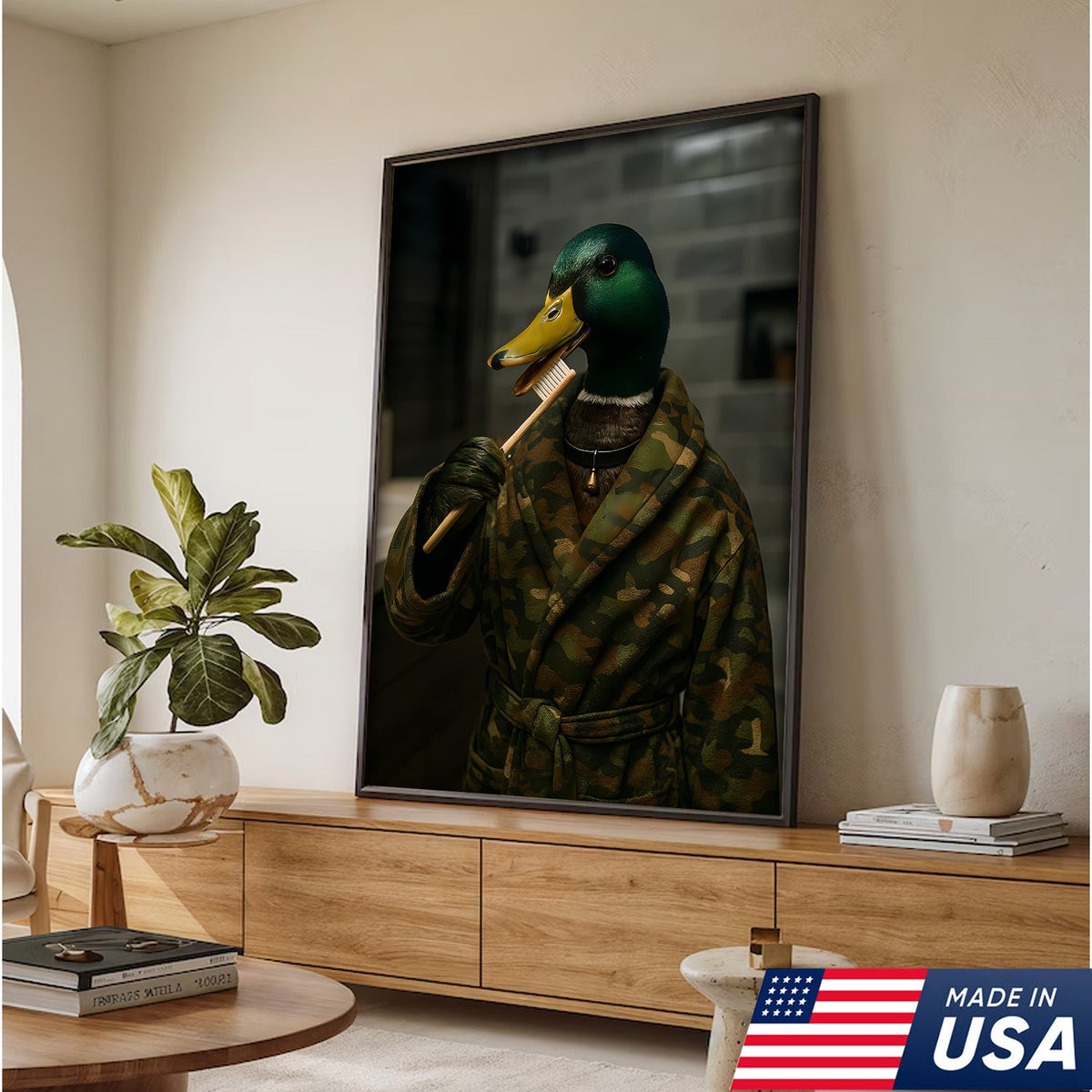 Funny Duck Brushing Teeth Canvas – Bathroom Wall Art for Men, Morning Routine Humor Decor