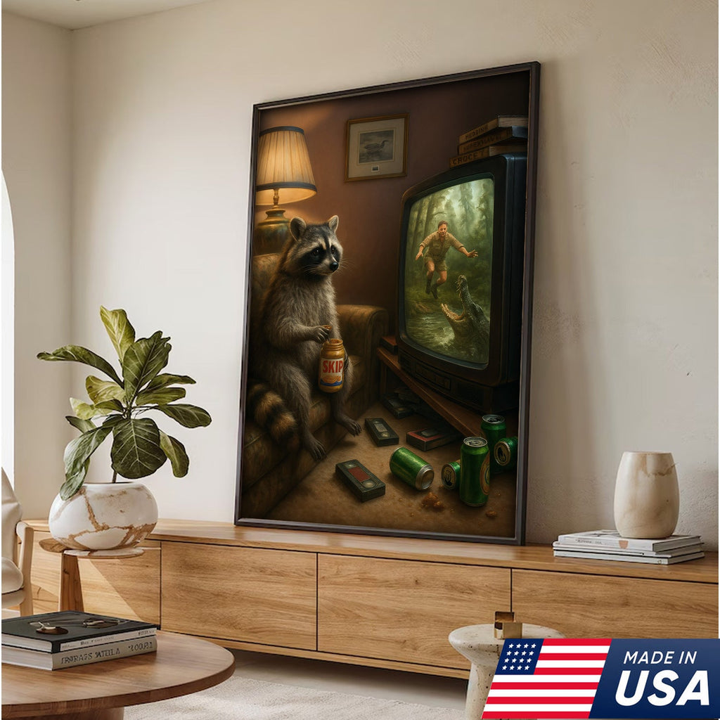 Funny Raccoon Watching TV Wall Art – Lazy Animal Painting, Wildlife Humor Canvas
