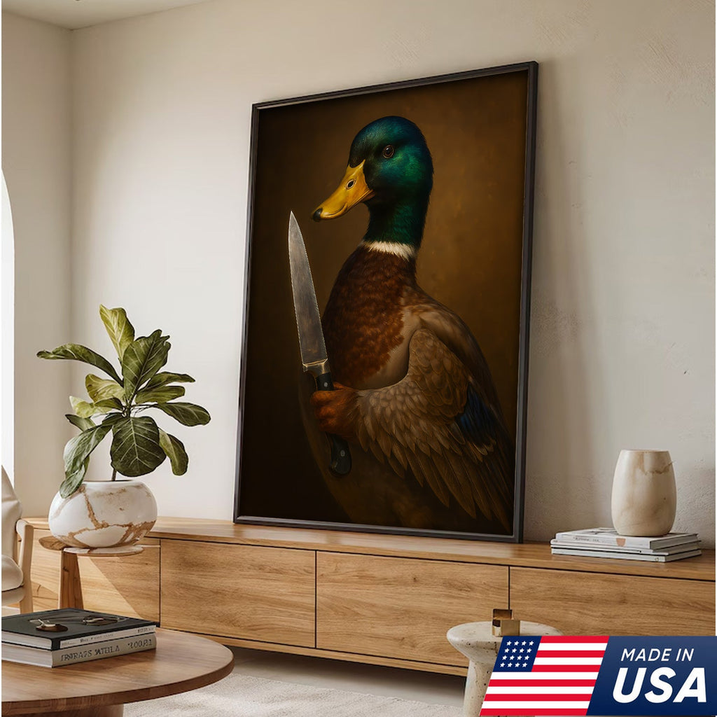 Funny Duck With Knife Wall Art – Mallard Portrait Painting, Dark Humor Animal Canvas