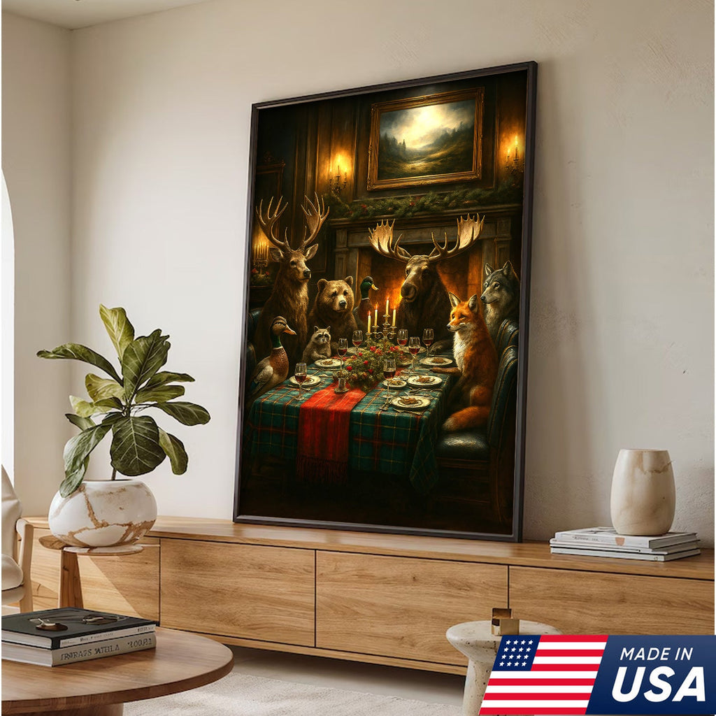Rustic Wildlife Dinner Scene Wall Art Canvas – Forest Animal Gathering Decor