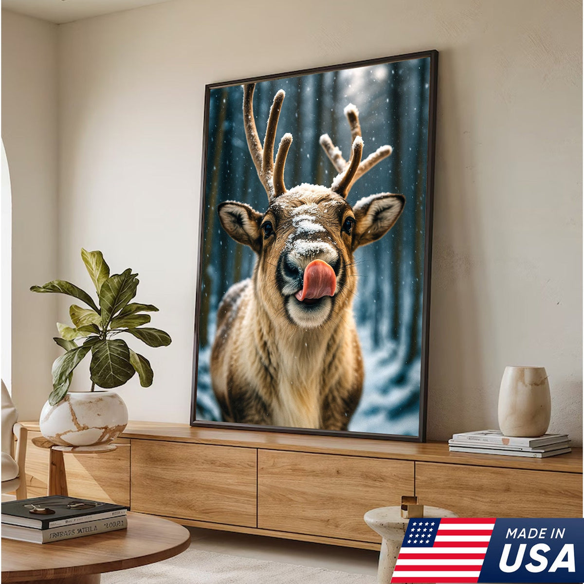 Winter Reindeer Portrait Canvas – Rustic Forest Wall Art for Cabin & Lodge Decor