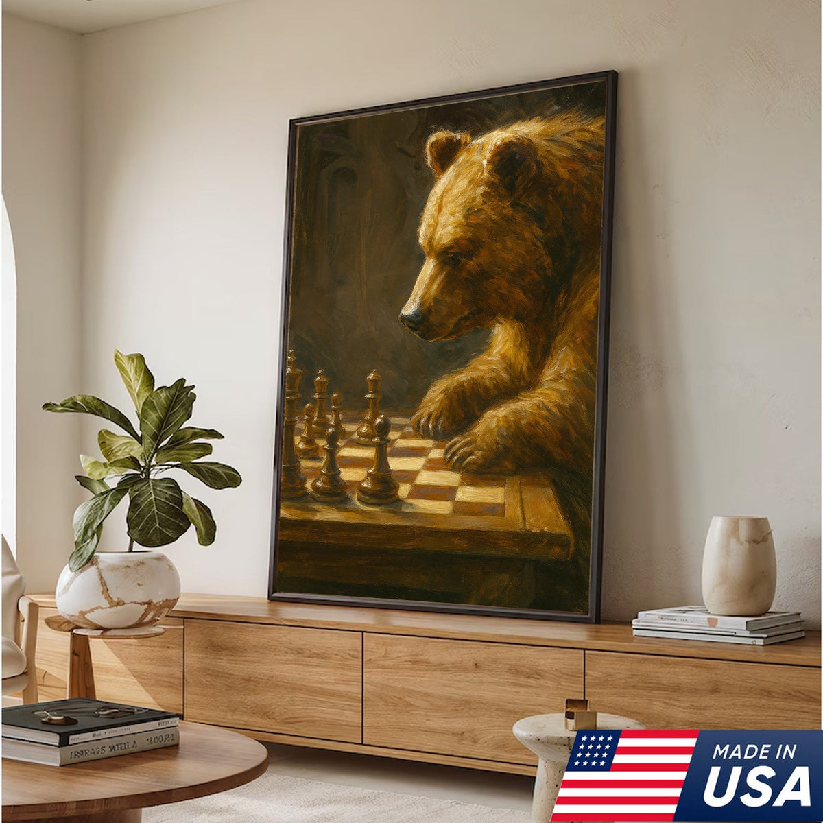 Rustic Bear Playing Chess Canvas Wall Art for Hunting Cabin or Lodge Decor, Wildlife Gift Idea