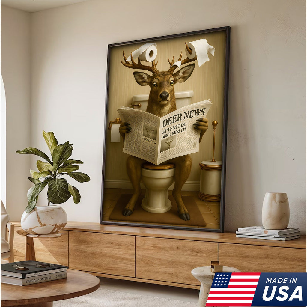 Funny Deer Bathroom Canvas – “Deer News” Toilet Wall Art for Hunters, Cabin, or Man Cave Decor